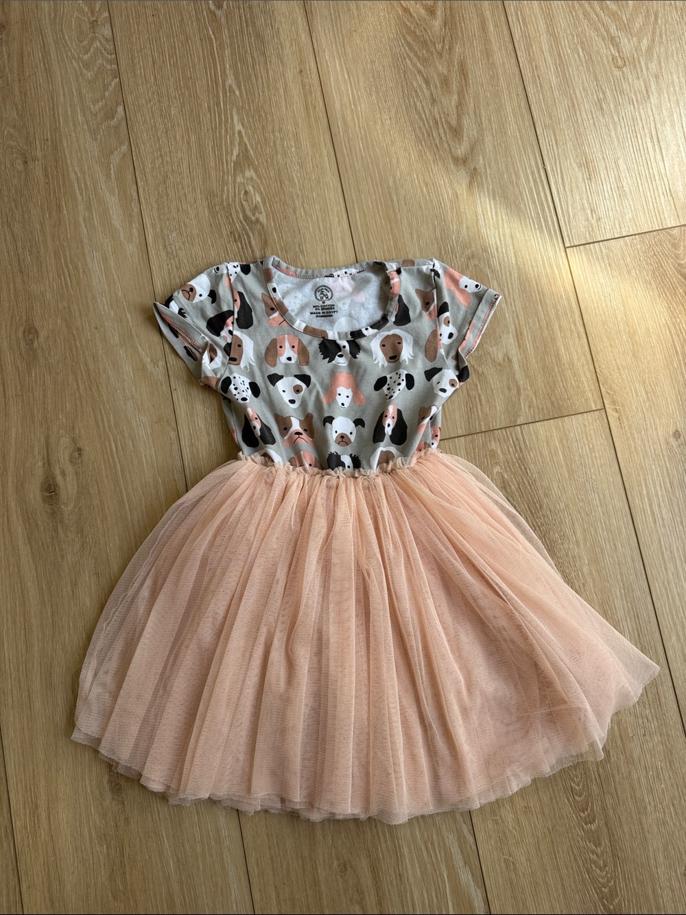Girls Peach Tulle Dress with Puppy Print Bodice